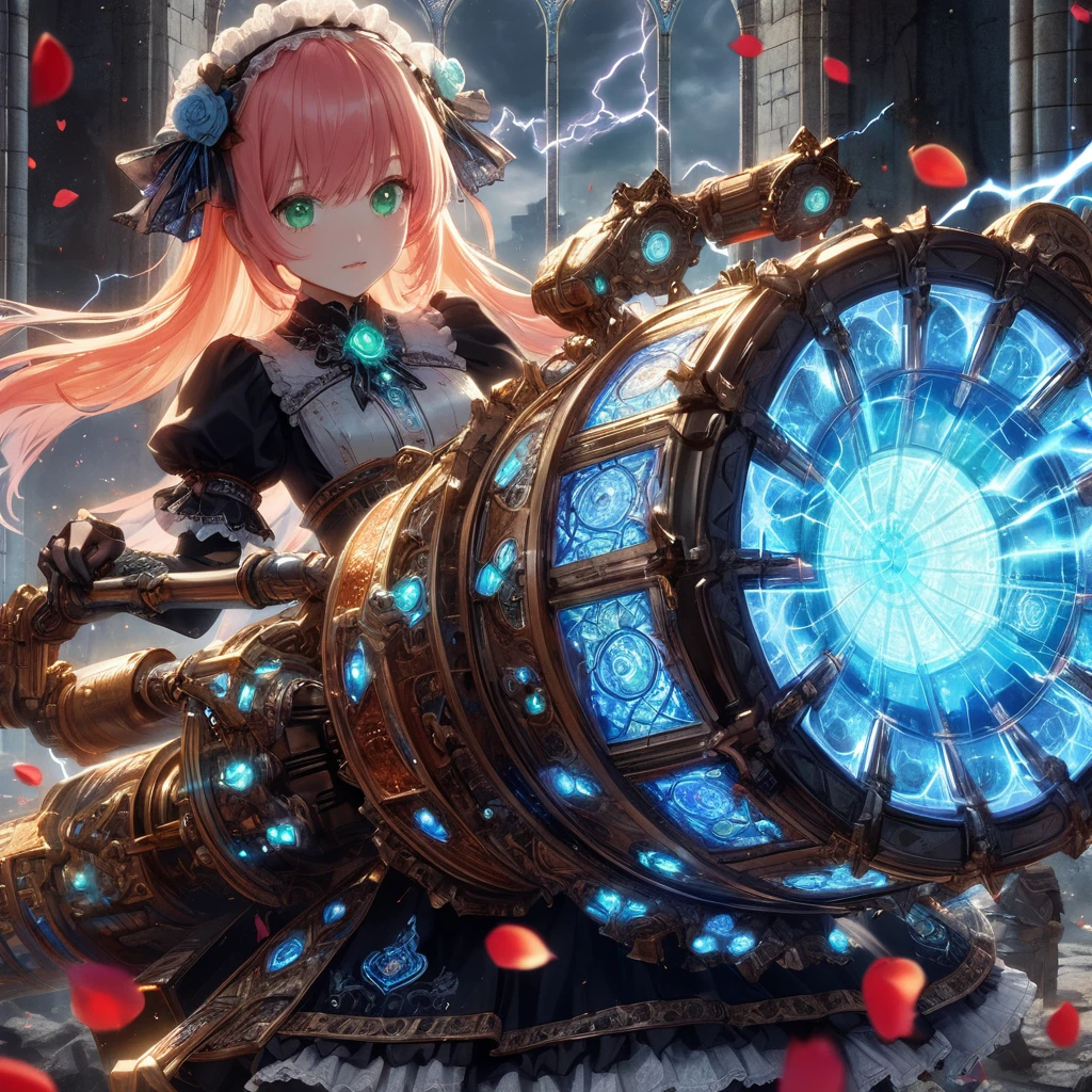 High-resolution rendering、Pink-haired, green-eyed black maid with a giant volt cannon、A gigantic Volt Cannon that is significantly larger than her head.、Detailed Vault Cannon、Blue and orange volt cannon。The Vault Cannon is engraved with intricate geometric stained glass patterns.、Shooting lightning。She points the Volt Cannon at the viewer.。Full Body Shot。In the background, it is pitch black with ruins.、The falling rose petals create a fantastic atmosphere.。An anime with delicate lines drawn using soft brushstrokes like watercolorultiple cels are layered to create the texture of ink.。Quality depicted through pinpoint detail。Full Body Shot