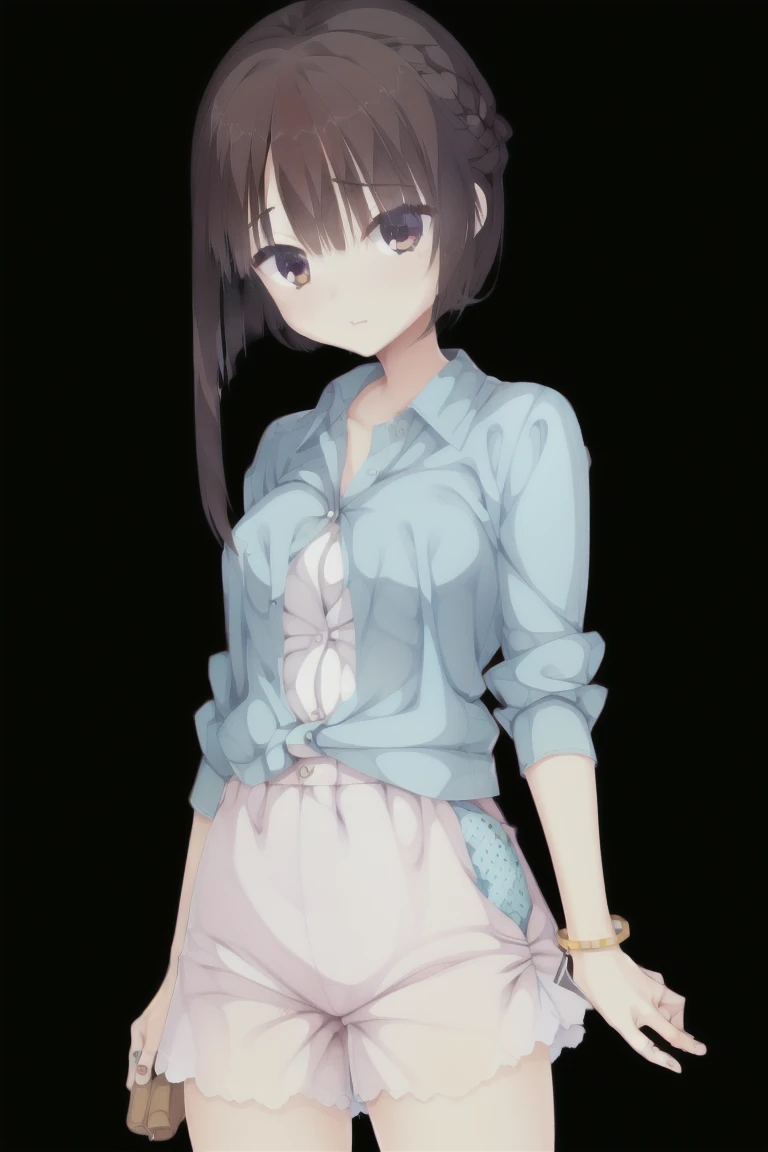 1girl,bangs,brown_hair,独奏,black_hair,closed_eyes,jewelry,shorts,short_hair,cowboy_shot,stuffed_toy,standing,indoors,shirt,short_sleeines,box,white_shirt,bracelet,in,t-shirt,lips,chair,hands_up,pose,double_in,photo_(medium),print_shirt,dolphin_shorts,Character portrait, whole body, expensive_solve, clear_image, expensive_Contrast, 8K, Sparkling, beautiful_detailed_face_and_eye, (Brown Hair:1.25), 白 eye,Black background,full body, Character portrait, whole body, expensive_solve, clear_image, expensive_Contrast, 8K, Sparkling, beautiful_detailed_face_and_eye, (Black Hair:1.25), 白 eye,Black background