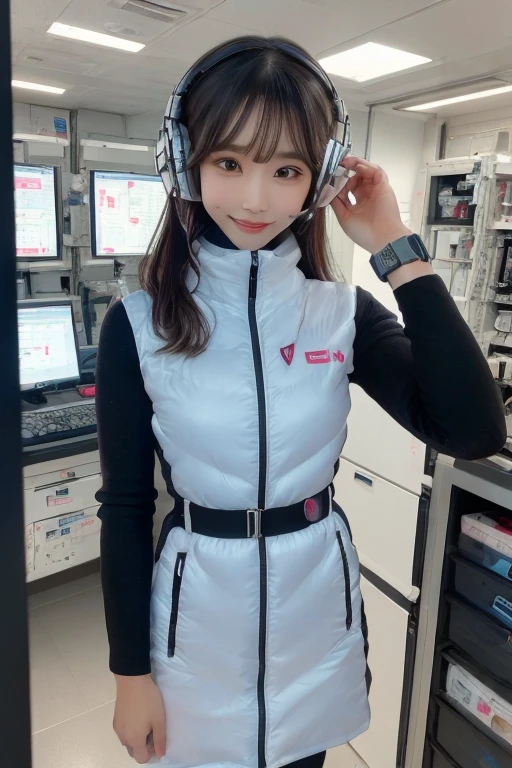 masterpiece, Highest quality, Very detailed, 8K Portrait,Japanese Android Girl,plump , Control panel,Robotic arms and legs, Blunt bangs,,break (Metallic Gray, Metallic luster, Mirror finish, Astro Best):5,headphone:5,break (Black sleeves):100,Smart Watches,Futuristic space station,Control Room,break headphone,blue eyes,(Black Hair):2,(Long Hair):1.3,Displaying the viewer,(respirator),break blush:3,Hidden Hand,smile