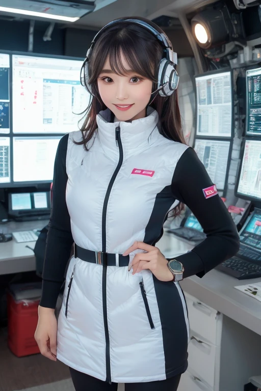 masterpiece, Highest quality, Very detailed, 8K Portrait,Japanese Android Girl,plump , Control panel,Robotic arms and legs, Blunt bangs,,break (Metallic Gray, Metallic luster, Mirror finish, Astro Best):5,headphone:5,break (Black sleeves):100,Smart Watches,Futuristic space station,Control Room,break headphone,blue eyes,(Black Hair):2,(Long Hair):1.3,Displaying the viewer,(respirator),break blush:3,Hidden Hand,smile