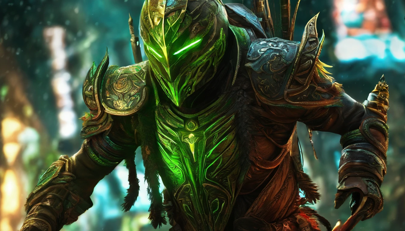 warrior in hummingbird armor, with face with glowing magic tattoos, green neon details, with technological medieval armor with glowing magic marks, full body, hummingbird beak sword with glowing magic marks. Epic scene, wide and deep scenery, with several depth planes, stylish and dynamic pose. In the middle of a retro atompunk magical metropolis, mixing technology and greenery, buildings with neon details and glowing magical vegetation.