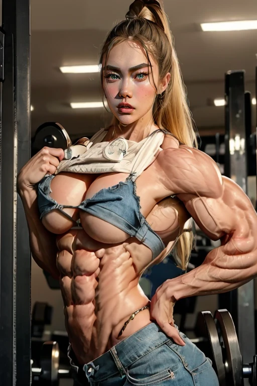 a hot gorgeous woman with a very big breast posing for a picture, feminine and muscular, fitness model, muscular girl, muscled, ripped, ripped abs, 8 pack abs, shredded chest muscles, terrifying upper body muscles, exaggeratedly large physique, shredded, exaggerated physique, strong body, big wide broad strong physique |, bodybuilding woman, exaggerated muscle physique, massive muscles, very beautiful. big muscles, bodybuilder physique, bursting with muscles