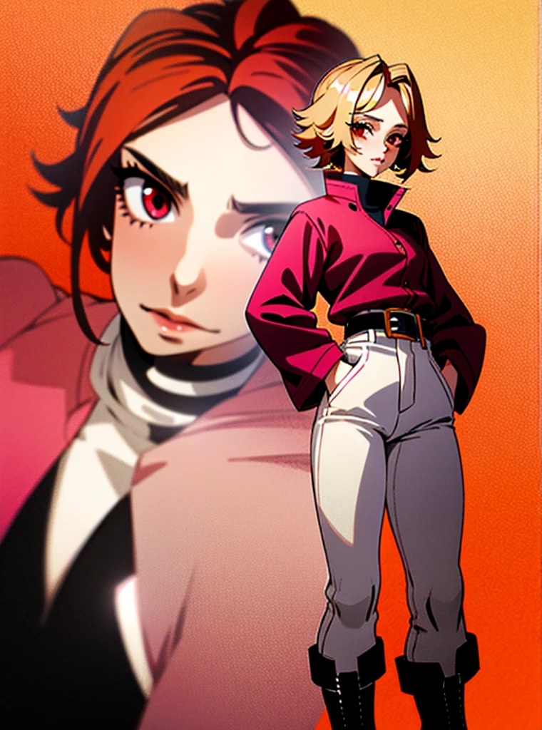 1 girl with short tangled blonde hair, with orange tips, red eyes, a pink mole below her lip, a dark red jacket that reaches her knees, white pants with a black belt with dark red, black boots