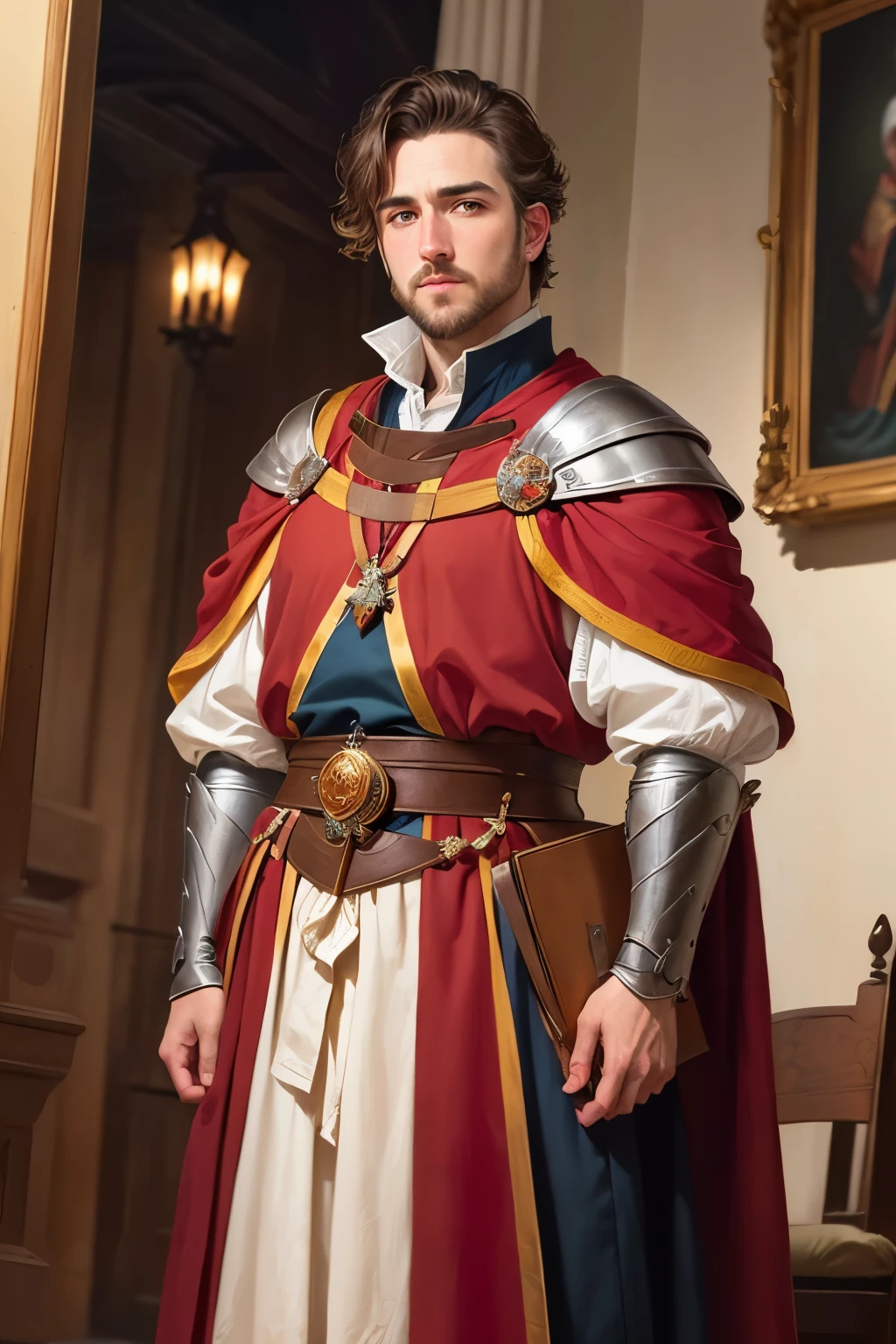 ((best qualityer)), ((work of art)), (detailded), 8K, 4K, hight contrast, work of art, 1 male royal advisor to the English court from 1066 ,extremely short hair ,little beard ,Mediovale, roupas nobres Mediovale iluminação clara, detailed shadows