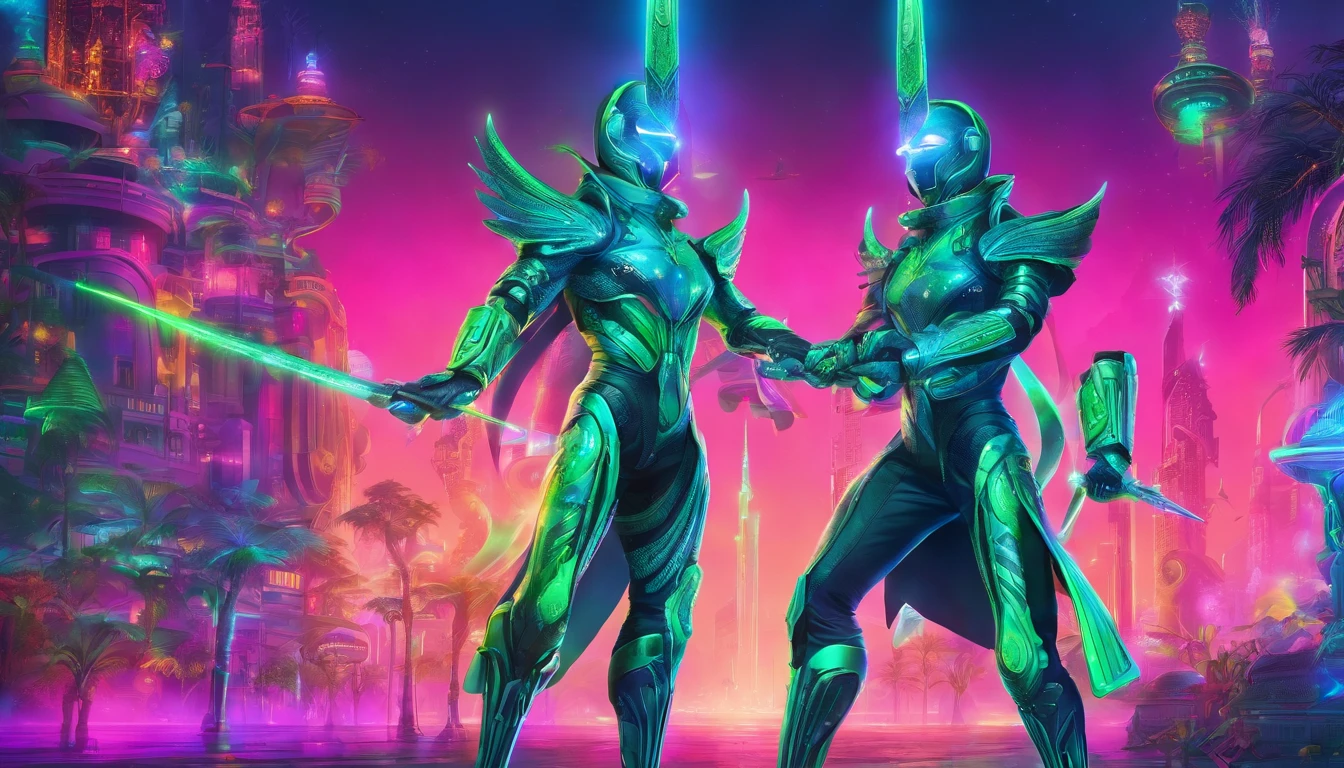 warrior in hummingbird armor, with face with glowing magic tattoos, green neon details, with technological medieval armor with glowing magic marks, full body, hummingbird beak sword with glowing magic marks. Epic scene, wide and deep scenery, with several depth planes, stylish and dynamic pose. In the middle of a retro atompunk magical metropolis, mixing technology and greenery, buildings with neon details and glowing magical vegetation.