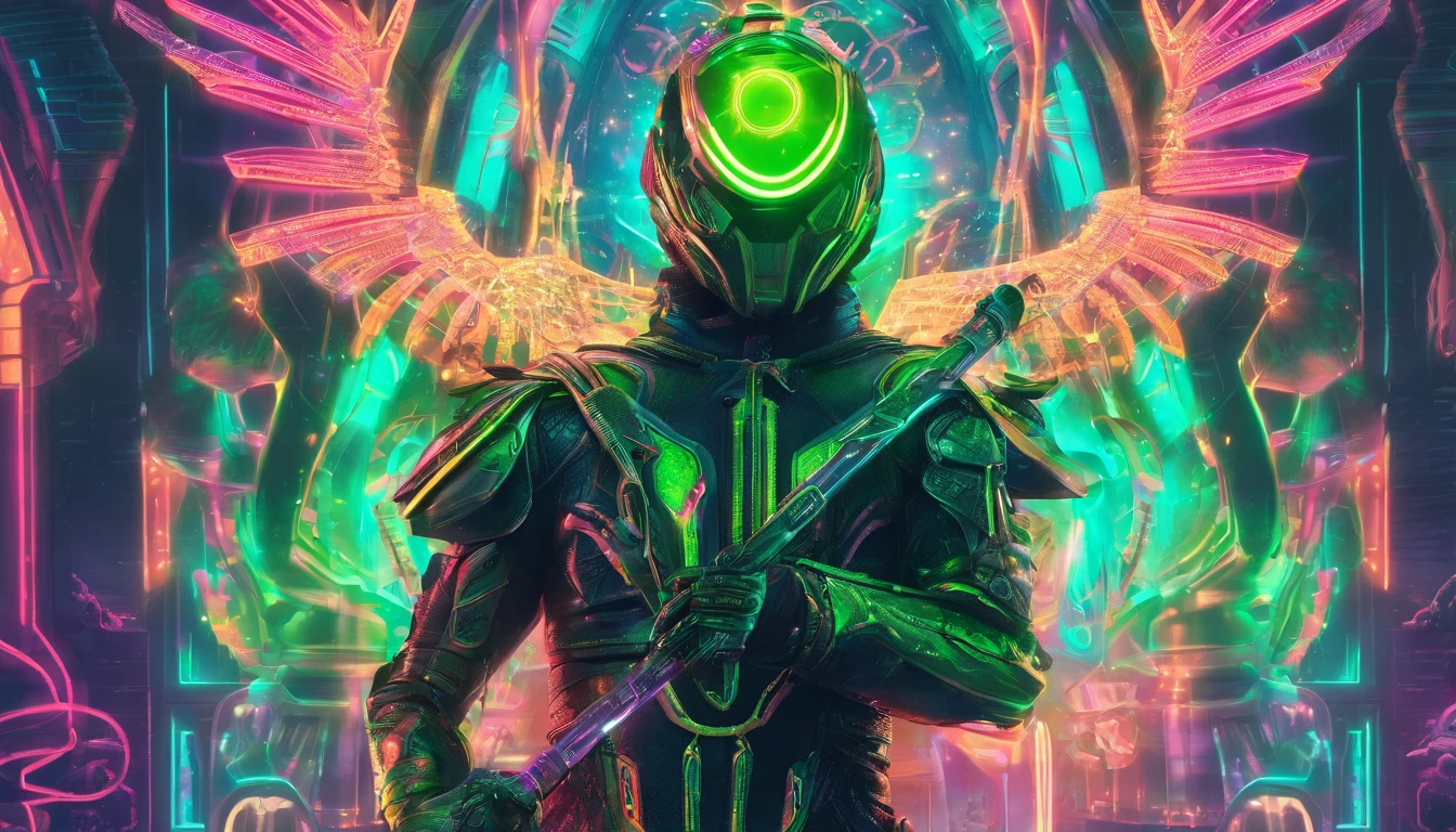 warrior in hummingbird armor, with face with glowing magic tattoos, green neon details, with technological medieval armor with glowing magic marks, full body, hummingbird beak sword with glowing magic marks. Epic scene, wide and deep scenery, with several depth planes, stylish and dynamic pose. In the middle of a retro atompunk magical metropolis, mixing technology and greenery, buildings with neon details and glowing magical vegetation.