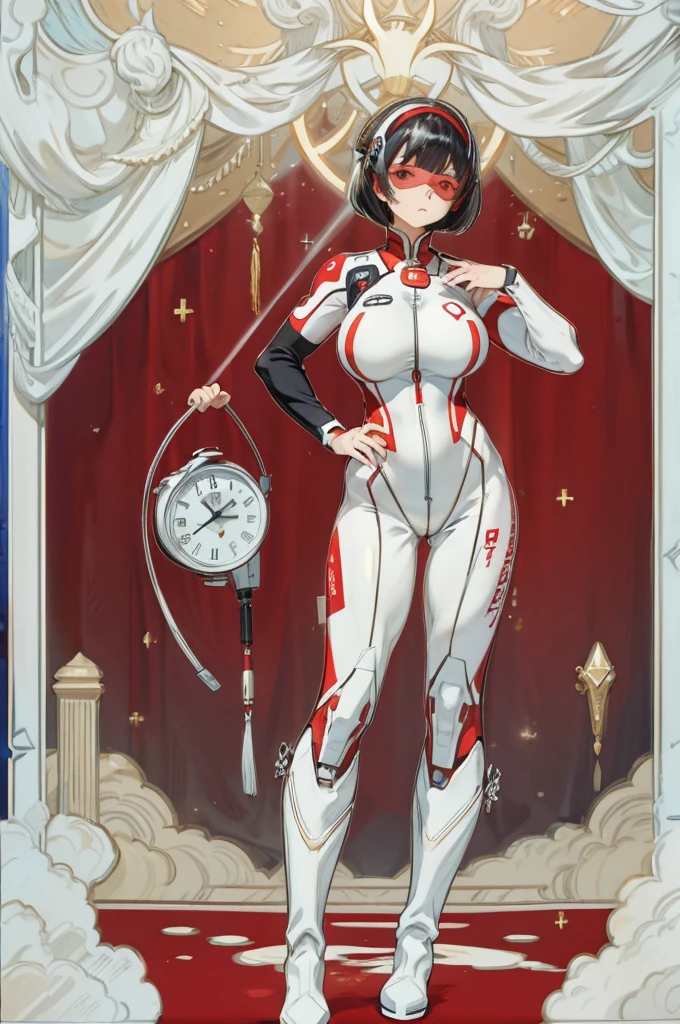 (masterpiece、Highest quality、8K、visor、whole body、Are standing)、One beautiful woman、Red and white rubber catsuit、Color Timer、Black Hair、Bobcut、Huge breasts、crevasse、Waistline、boots