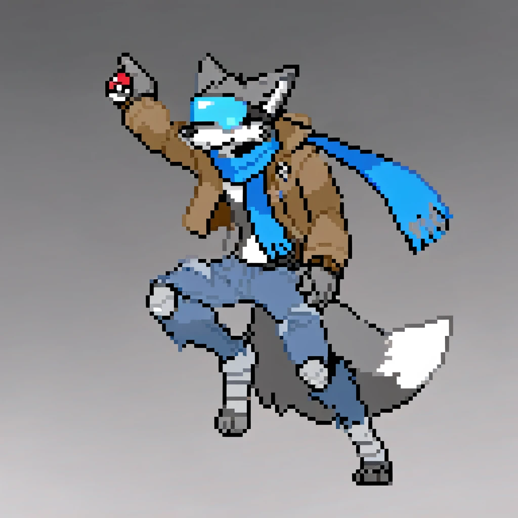 canid, canine, canis, mammal, mythological_canine, were, werecanid, werecanine, dog, robot_dog, metal_body, metal_fur, grey_nose, blue_visor, blue_scarf, brown_jacket, ripped_jeans, holding_pokéball, pose, male, fingers, fluffy, fluffy_tail, fur, thin_anthro, full_body, solo, digital_media_(artwork), hi_res, masterpiece,