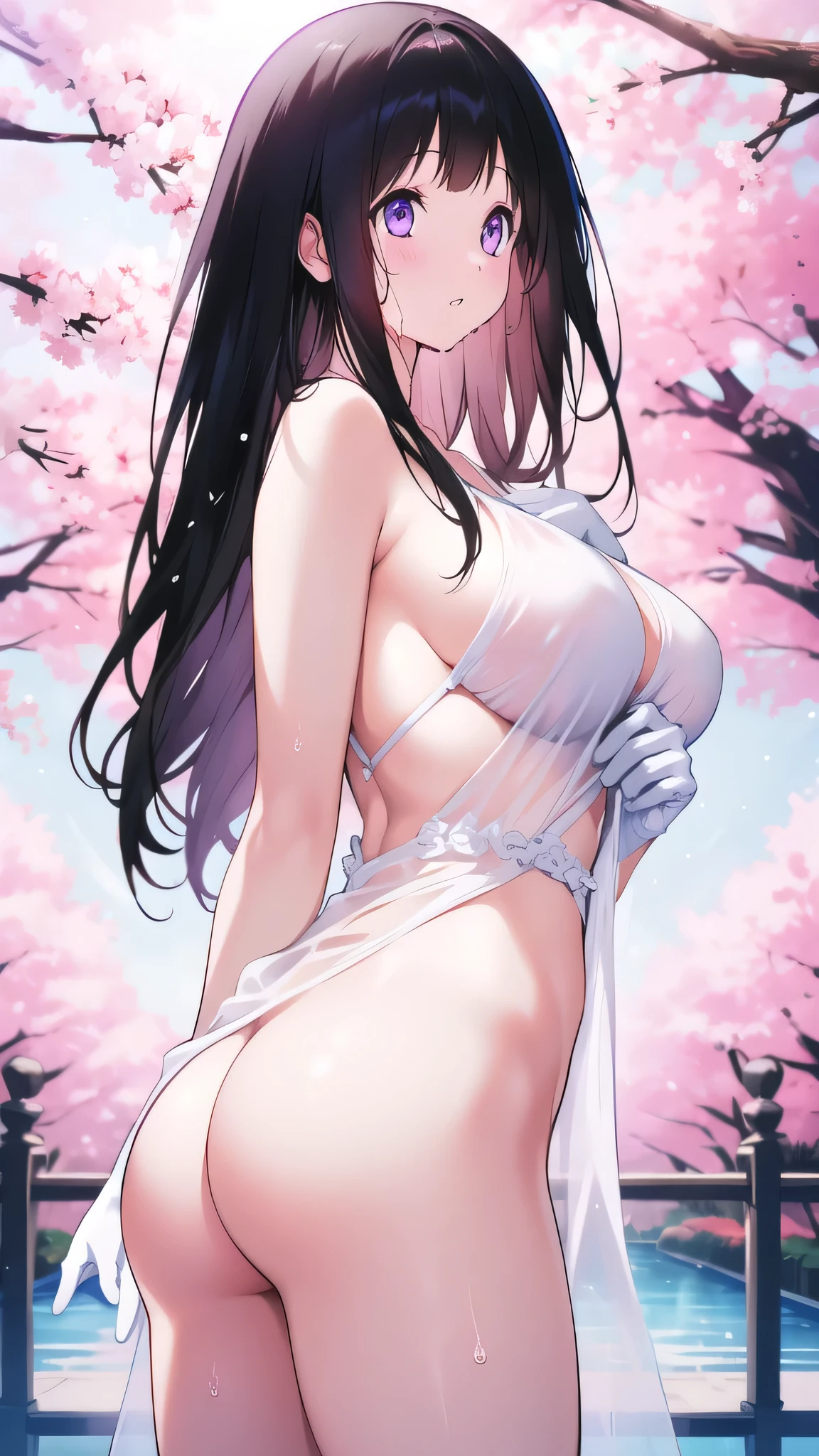 Amazing Chitanda, There is only one beautiful girl,Purple Eyes, Black Hair, Very red face,Very white skin,Glowing skin,Skin as delicate as porcelain,Naturally straight hair, Straight bangs,Extremely refined,Open lips,Long flowing hair,Beautiful Girl, Like a dream,Slim,Slim waist,soft, (sensuous), (Kawaii), Dream quality,Beautiful big breasts,Sheer loose dress,areola,Completely naked,Lower edge of breast,White gloves,Flower decoration,Deep V neckline,Loose neckline,White lace-up,Wide neckline,Walking in school,Place your hands on your inner thighs,Thighs clamp hands,Wet skin,Sweaty and sweaty,Sweating all over,it is raining,Next to the cherry blossom trees,Back to,Lean over,Hips,Side body,Gluteal groove,Completely naked buttocks,Bare back,Completely naked back,Light transmission,(no pants),nopan,pussy juice,Bare shoulders,There are no shoulder straps,Bare neck,Exposed collarbone,Exposing breasts,Exposing breasts side,Exposing breasts,Show your waist,Show your buttocks,Show your thighs,Exposing the groin,(No pants),extremely shy,Ultra-high resolution, (masterpiece:1.2, best quality), (Delicate and beautiful eyes: 1.2), (Beautiful and delicate face)