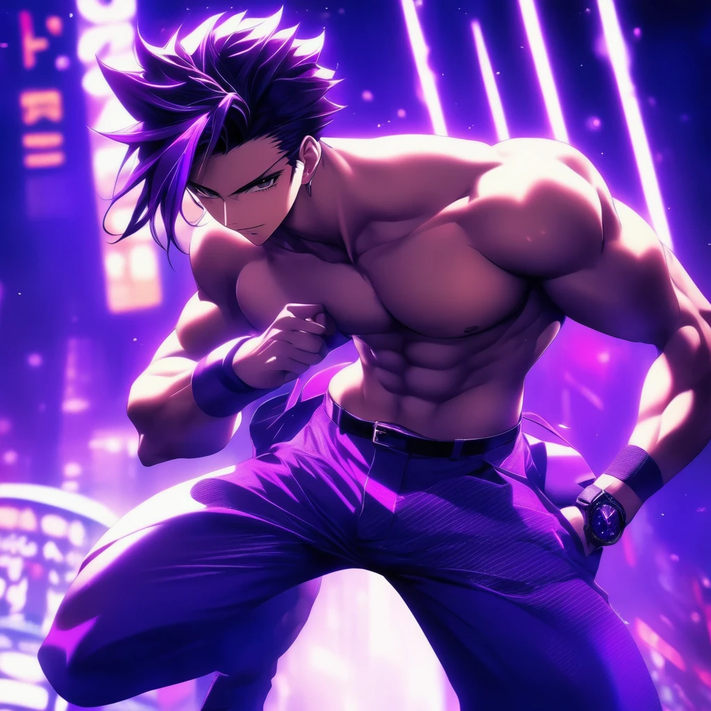 jock studio character zayne alexander, shirtless, tight short pants, sweaty body, purple hair