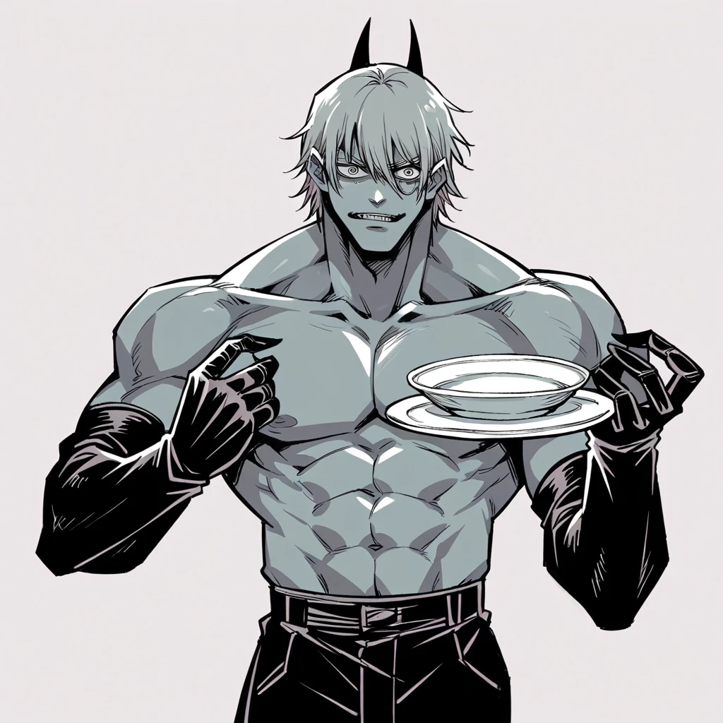 A demon from the anime Chainsaw Man, AND, Warhammer Head, he has a gray muscular body, dark gray skin, wearing no shirt, fully body, black hands, and look fierce, Human lips, bonitas, handsome, Demonic, simple background. Foco no rosto do personagem, demoniac face. An iron plate covering the eyes, normal lips.