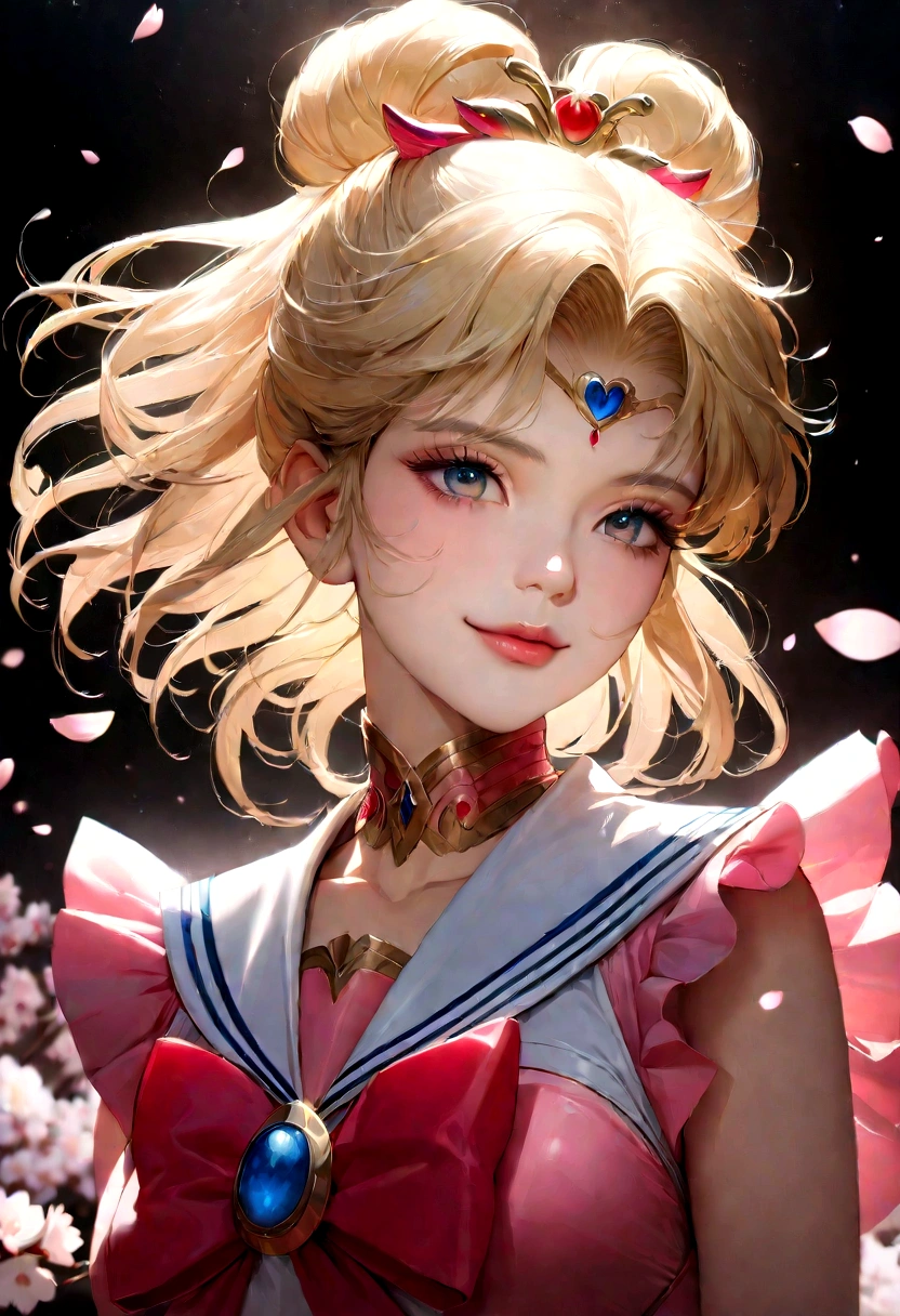 (In 8K、Highest quality、masterpiece:1.2)、One woman、(A cheerful smile:1.1)、Beautiful Eyes、valley、Upper body、short hair、Like a boy、huge 、Green scenery、bishoujo senshi sailor moon, anime「Sailor Moon」, Sailor Moon, Moonlight, Elegant and delicate eyes, Detailed facial features, Long eyelashes, Beautiful lip detail, graceful and detailed poses, Very detailed, masterpiece, 4K, Cherry blossom background, Realistic, Cinema Lighting, Dynamic configuration, Intricate details, Vibrant colors, Soft and dreamy, Magical Girl Fantasy,A blizzard of cherry blossoms is flying,Fantasy,Blonde Long Hair