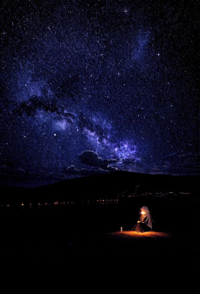 Octane, null, star (null), landscape, starry null, night, only , night null, alone, Outdoor, sign, building, cloud, milky way, Sitting, wood, Long Hair, city, silhouette, cityscape