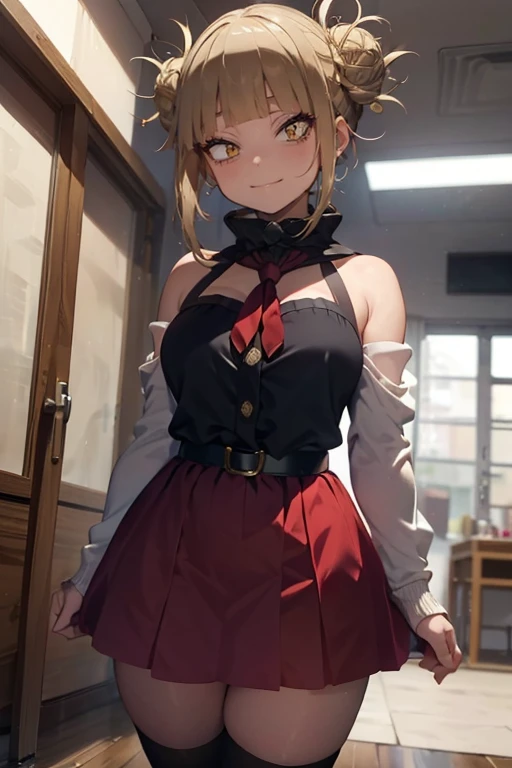 Himiko toga,\(my hero academia\),my hero academia,perfect picture,perfect eyes dehimiko toga\(my hero academia\),(Full Body Picture),my hero academia,perfect picture,perfect eyes,Short blonde hair with two messy buns in her hair and yellow eyes with cat pupils,(Standing with Straight Standing Looking at the Fourth Wall),(wearing),+,(a sensual Christmas dress for a voluptuous anime waifu. Get inspired by Santa Claus's outfit in the reference image. Style the dress as a short, form-fitting red velvet number with a Santa Claus dress design—think fluffy white trim, cute Santa hats, and jingle bells. The dress should have a low neckline to reveal the waifu's ample cleavage. Maybe add some ruffle or gathered details to accentuate your curves. Give the waifu big dreamy eyes, full lips and a playful pout as she relaxes seductively on a large, luxurious bed. Style your dark hair into loose, romantic curls. Dim, warm lighting with touches of gold and red should bathe the scene. Focus attention on the waifu's most attractive features with strategic highlights and shadows. Capture the dress in a tantalizing peek-a-boo pose, hinting at what might lie beneath. Maybe arrange the dress so it falls off one shoulder or slides off one hip. Incorporate some festive holly or mistletoe elements into the design to match the Christmas theme. Overall, aim for an intimate, sensual, and inviting atmosphere that makes the viewer feel like they're getting a naughty gift.)