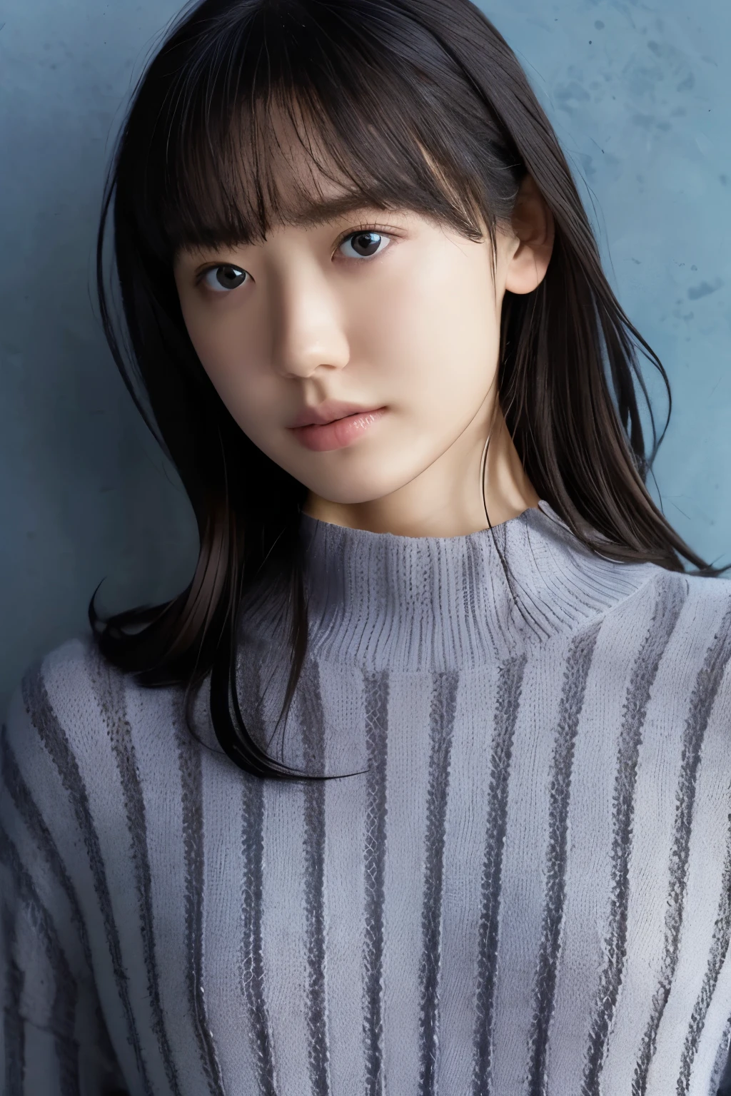 (knitwear), (top-quality, masterpiece:1.3, Super high resolution), (Photorealsitic:1.4, RAW shooting), Ultra-realistic capture, A highly detailed, high-definition 16K for human skin, Wistful, A skinny Japanese woman, 30 years old, cute face, ((Sadness face)), detailed face, detailed eyes, ((correct anatomy)), A dark-haired, Middle hair, ((Background of the sea in a starry night)), (((looking up afar at starry sky))), hair blowing in the wind