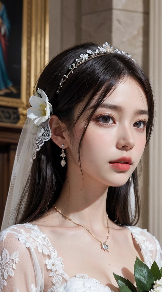 Top-quality Realistic, Official art, Highly detailed CG Unity 8k wallpaper,(masterpiece:1.3), (8k, photorealistic, RAW photo, best quality: 1.4), (1 girl), pretty face, (realistic face), (black hair, medium hair:1.3), beautiful hairstyle, realistic eyes, detailed fine eyes, (realistic skin), beautiful skin, (breasted top), absurd, attractive, super detailed resolution, surreal golden ratio, very detailed, Full body, Japanese Idol,(Floral lace Wedding dress:1.3),BREAK,(Heart shaped necklace),(Triangle ornament earrings),BREAK, (gentle smile like a goddess),(Extreme close-up),(in church surrounded by a majestic baroque atmosphere:1.2),standing position, Hold a large bouquet in front of your chest, Wide View