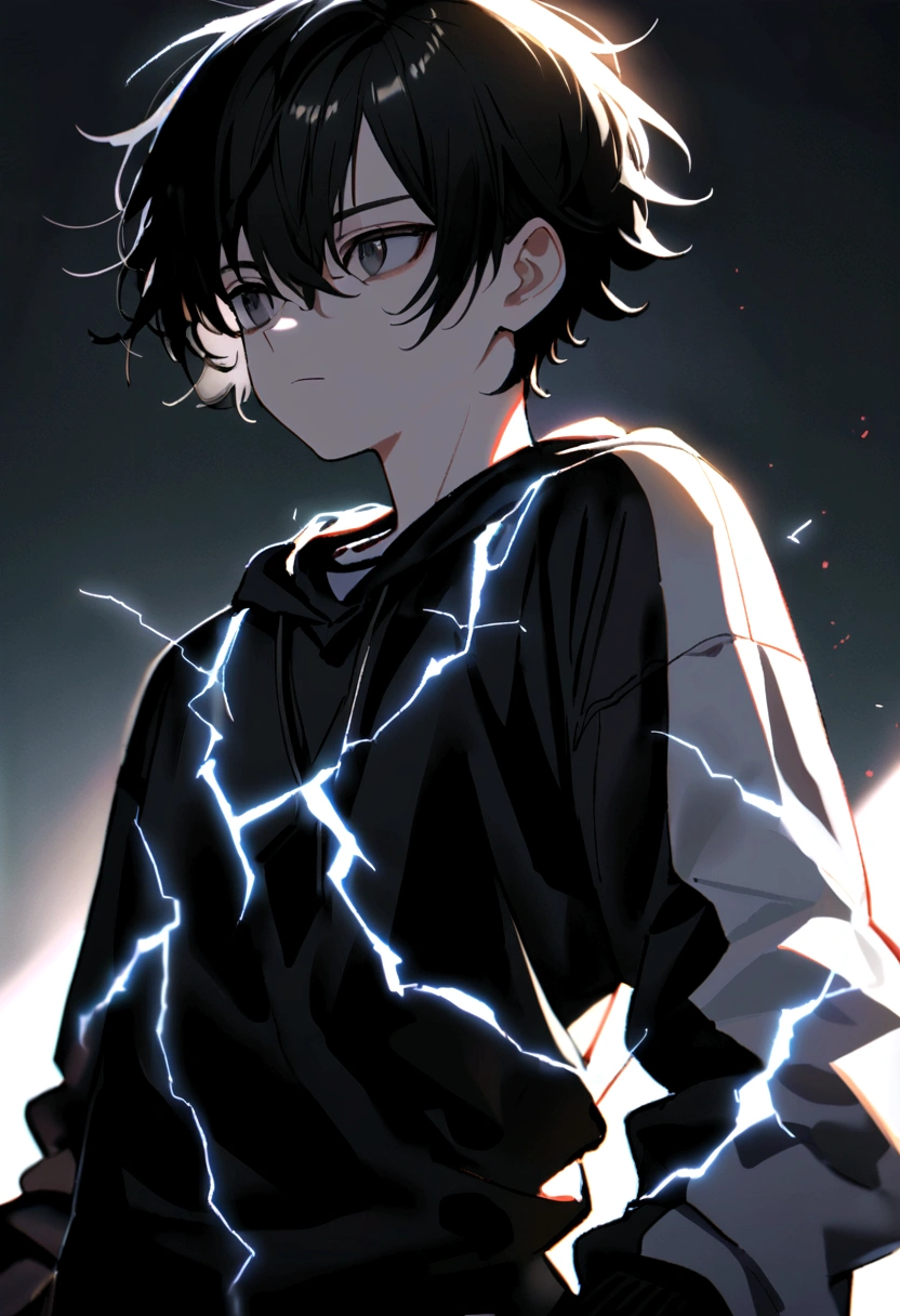 Man Long black hair black and white sweatshirt with electricity on his body