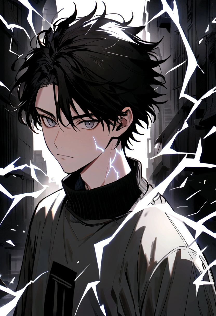 Man  Long black hair black and white sweatshirt with electricity on his body