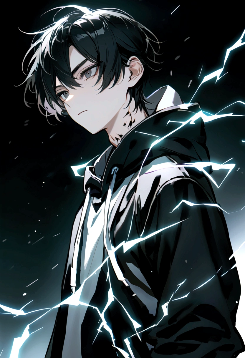 Man 17 years old Long black hair black and white sweatshirt with electricity on his body