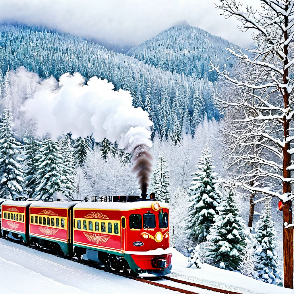 Create an image of a holiday train traveling through a snowy landscape. Show passengers enjoying hot chocolate and admiring the scenery.