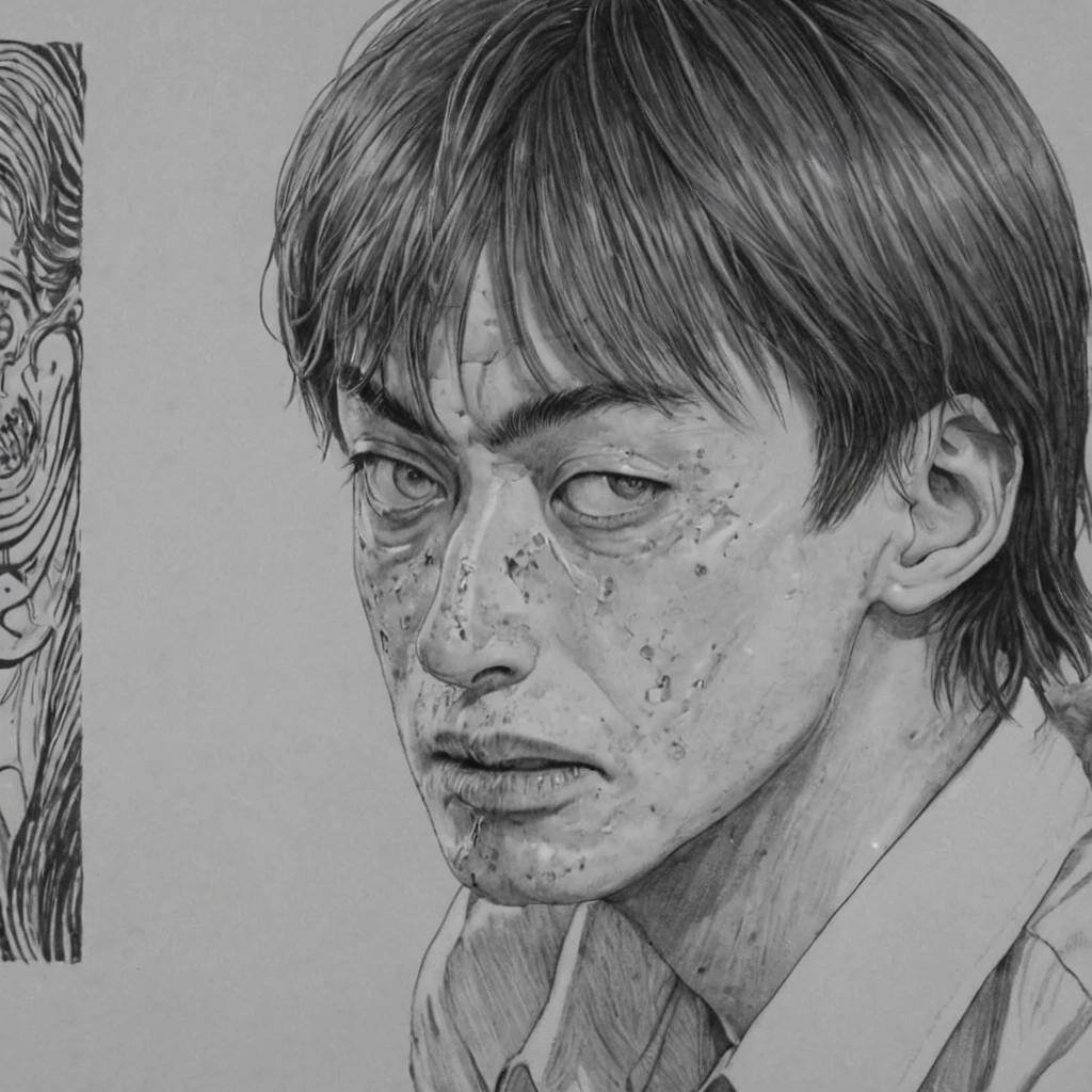 angry man drawing bizarre art, (anime), bizarre scenario, This is Junji, Yusuke Murata, black and white, 8K, anime, horror