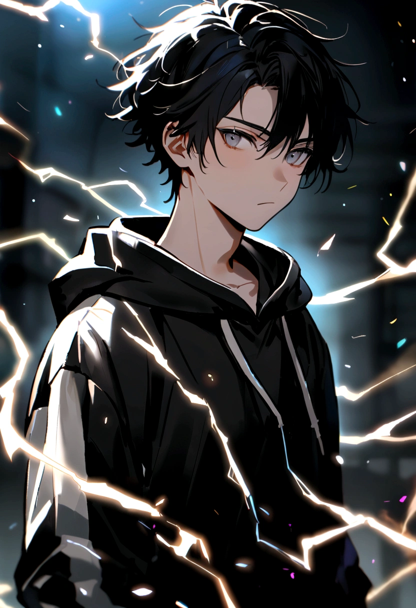 Man Long black hair black and white sweatshirt with electricity on his body
