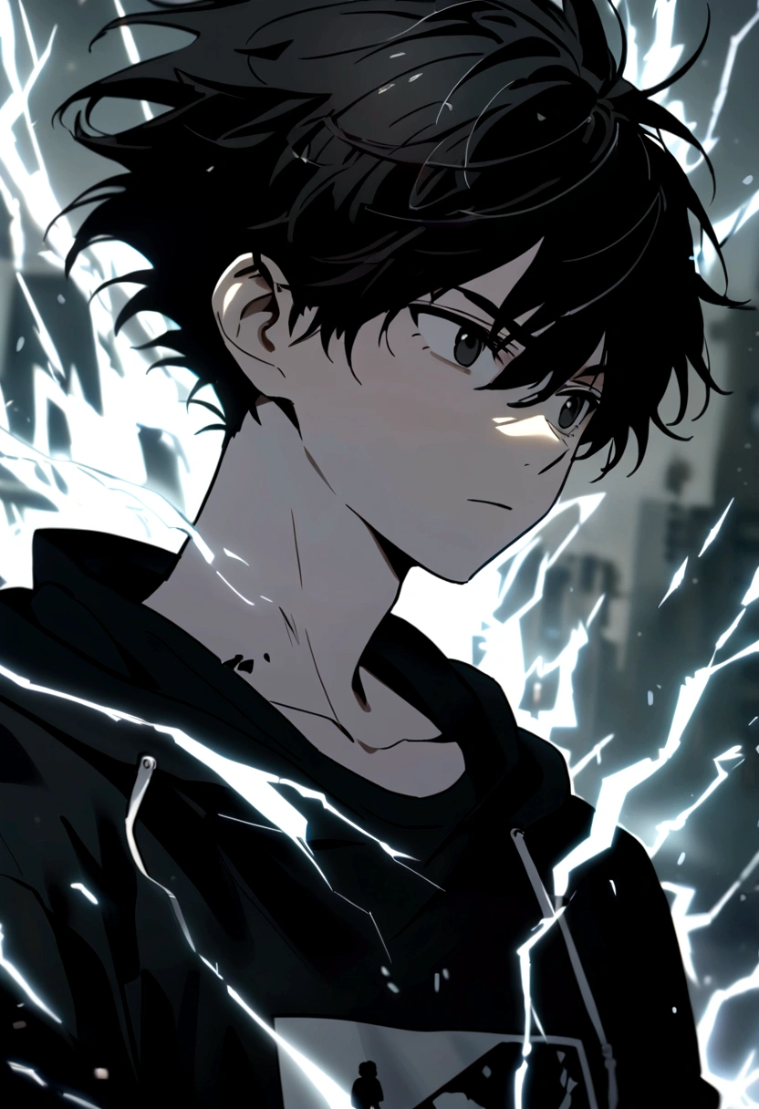 Man 17 years old Long black hair black and white sweatshirt with electricity on his body
