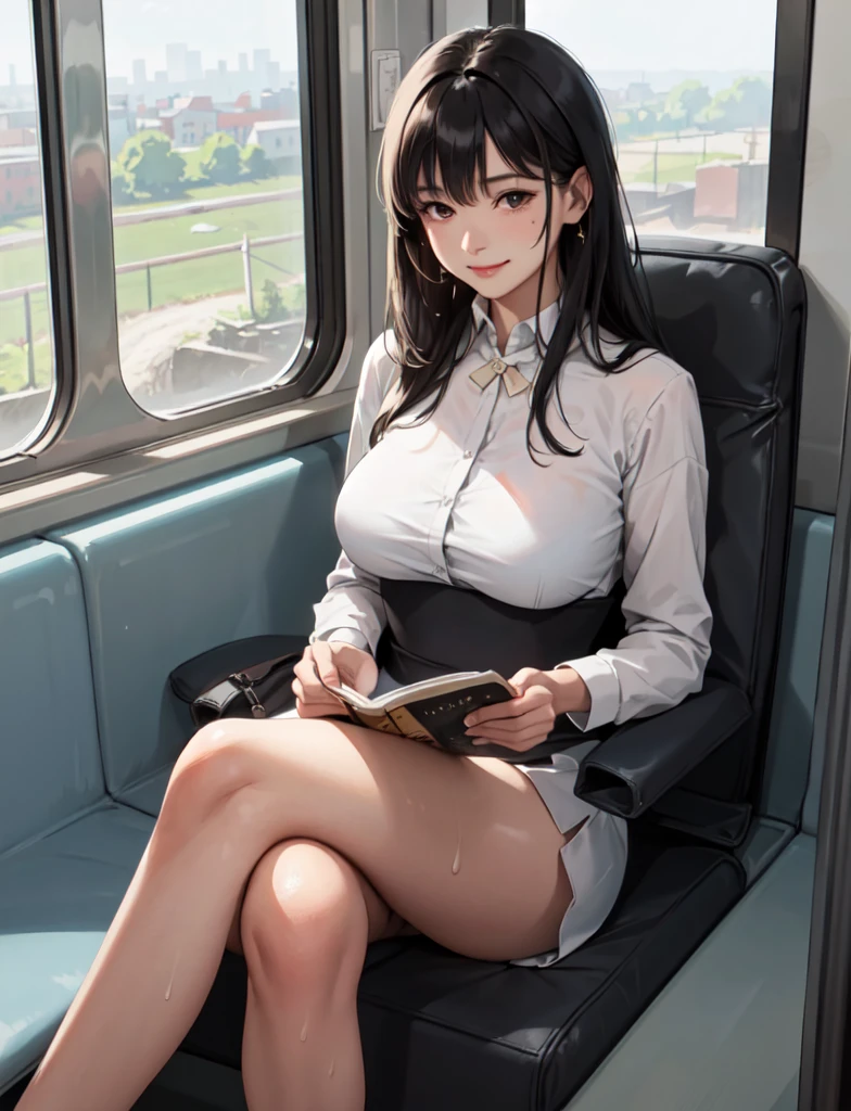 1lady solo, (sitting on train seat), (crossed legs), (stylish outfit), mature female, /(black hair/) bangs, light smile, (masterpiece best quality:1.2) delicate illustration ultra-detailed, large breasts, sweaty BREAK (reading magazine) BREAK (train indoors), window landscape, food, detailed background