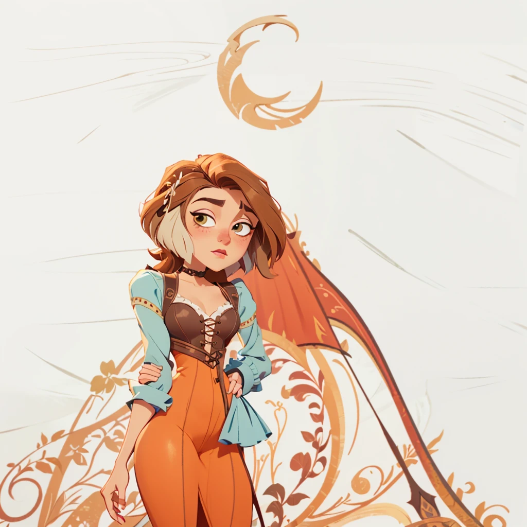 Hyper detailed full body shot of Willa Fitzgerald, 30 years old, masterpiece, conceptual portrait, hyper detailed medieval dress in neutral warm colors, character concept of medieval adventure movie, the entire figure dressed in witcher style, standing facing the viewer:1.5, frontal full body shot, beautiful woman, skinny thin waist:1.5, small breasts:1.5, curvy hips and thighs:1.5, straight brown hair, detailed face, tangledadventure:1