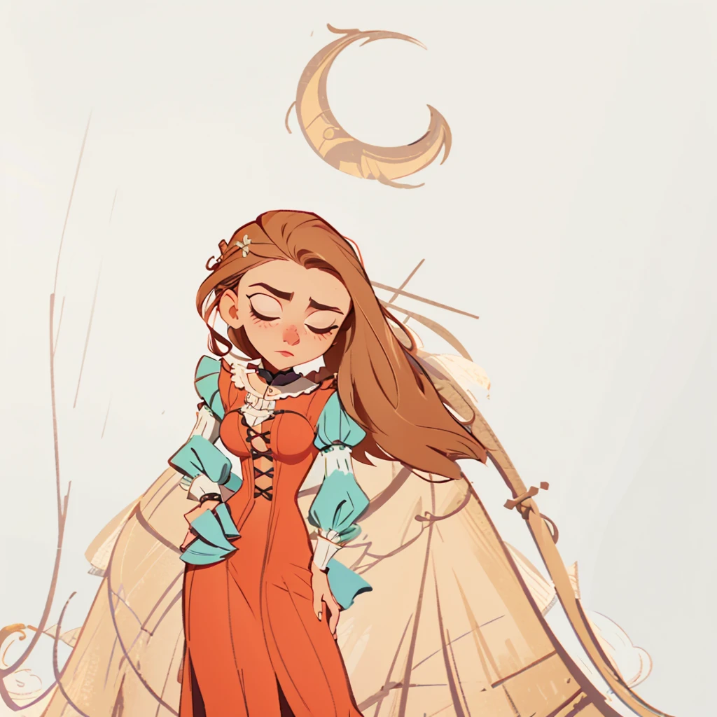 Hyper detailed full body shot of Willa Fitzgerald, 30 years old, masterpiece, conceptual portrait, hyper detailed medieval dress in neutral warm colors, character concept of medieval adventure movie, the entire figure dressed in witcher style, standing facing the viewer:1.5, frontal full body shot, beautiful woman, skinny thin waist:1.5, small breasts:1.5, curvy hips and thighs:1.5, straight brown hair, detailed face, tangledadventure:1