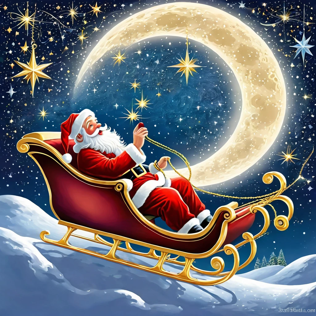 Illustrate Santa Claus flying through a starry, moonlit sky, with his sleigh leaving a trail of stardust. The world below should be in peaceful slumber