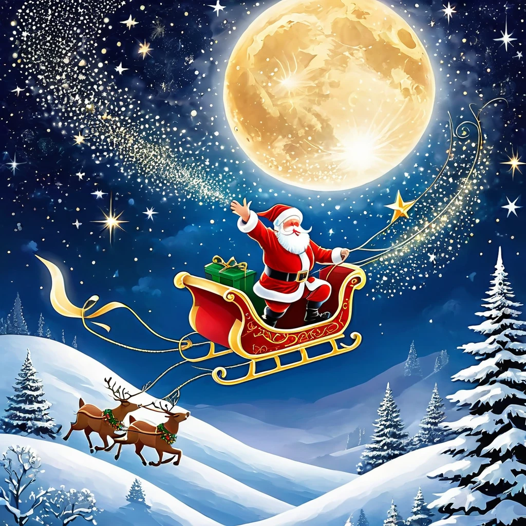 Illustrate Santa Claus flying through a starry, moonlit sky, with his sleigh leaving a trail of stardust. The world below should be in peaceful slumber