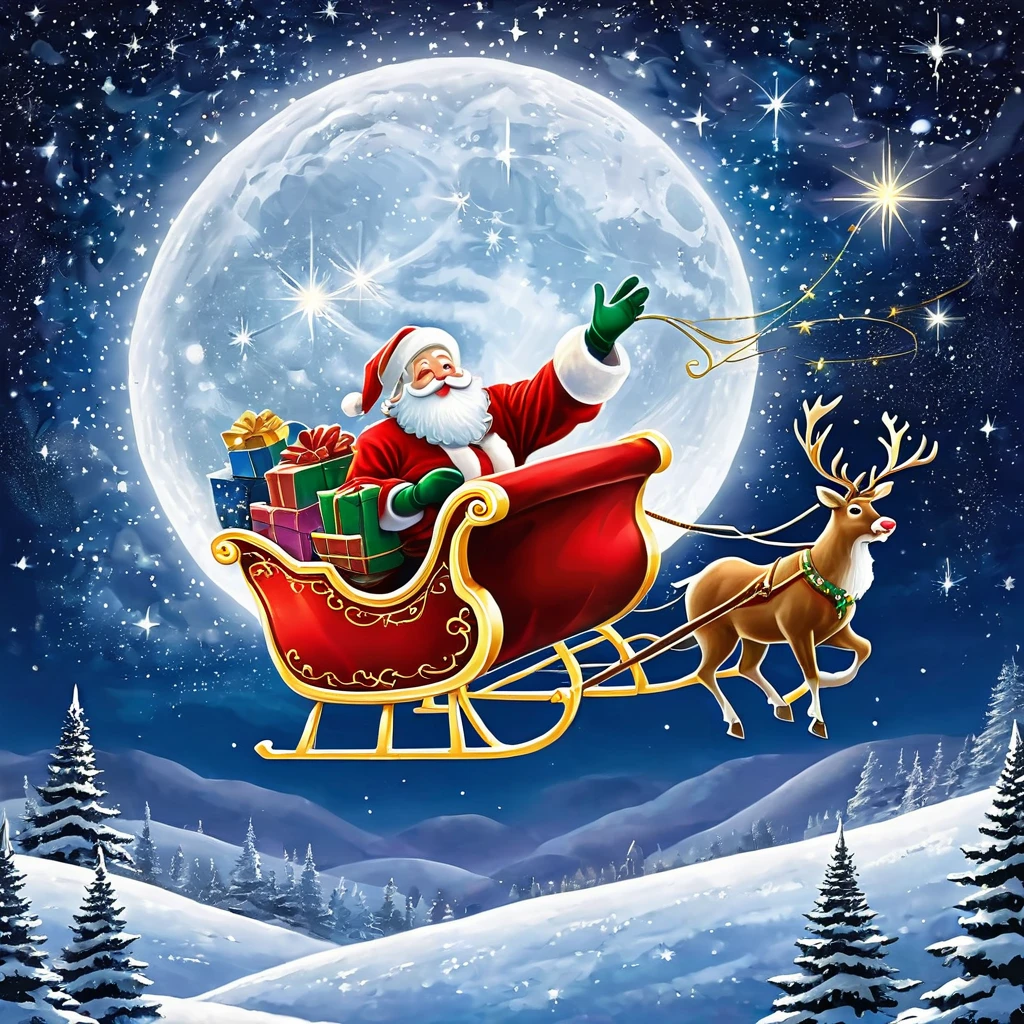 Illustrate Santa Claus flying through a starry, moonlit sky, with his sleigh leaving a trail of stardust. The world below should be in peaceful slumber