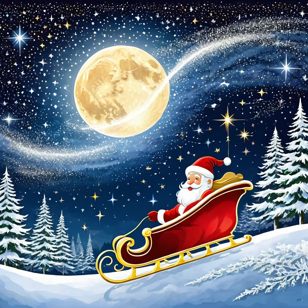 Illustrate Santa Claus flying through a starry, moonlit sky, with his sleigh leaving a trail of stardust. The world below should be in peaceful slumber