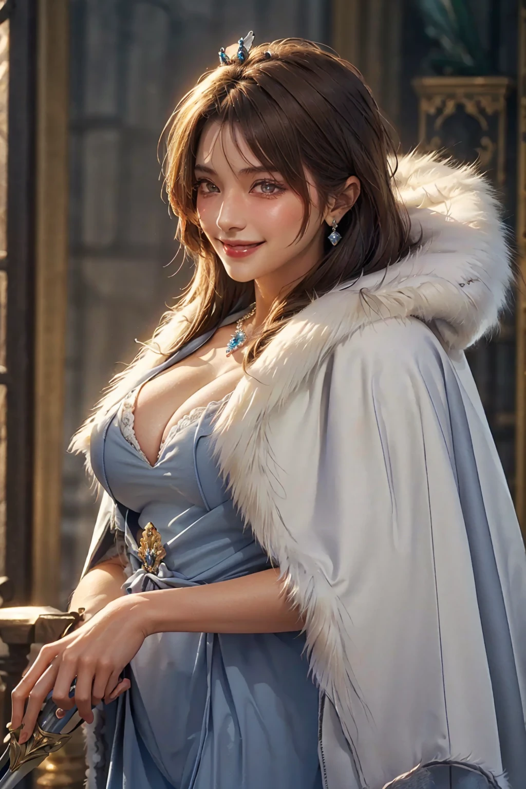 (UHigh resolution, retina, masterpiece, Accurate, Anatomically correct, Rough skin, Very detailed, Advanced Details, high quality, 最high quality, High resolution, 1080P, High resolution, 4K, 8K, 16K), (Beautiful and beautiful eyes, Beautiful lip detail, Very detailed目と顔), Studio Lighting, Physically Based Rendering, Bright colors, (Big Breasts, super Big Breasts, super extra Big Breasts, Glamorous Body), (Crown, Luxurious royal blue cape, White fur, gem, Decorations, royal coat of arms, Take Scepter:1.5), (Portraiture, Blonde, Shiny Hair, Shiny skin), (Bokeh), (incline one's head to the side:1.5), Eye Reflexes, (smile, Cowboy Shot:1.5),