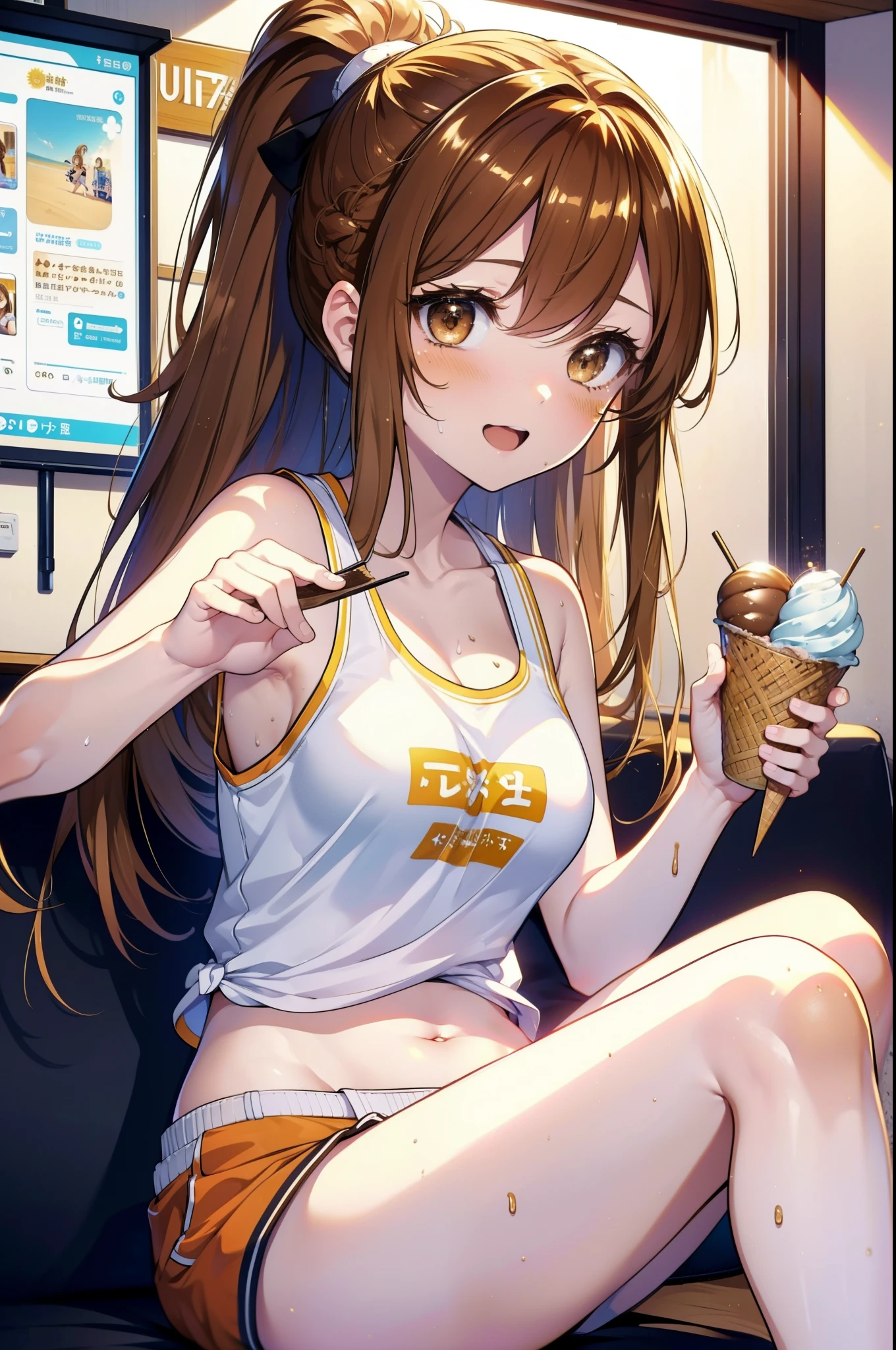 a sun ayuuki, a sun a yuuki, Long Hair, Brown Hair, (Brown eyes:1.8), ponytail,Sweat,濡れて透けたTank top,Tank top,Belly button,happy smile, smile, Open your mouth,Shorts,barefoot,Sitting on the sofa,Holding an ice cream in one hand,noon,Clear skies,
Break indoors,room,
壊す looking at viewer,Systemic
break (masterpiece:1.2), Highest quality, High resolution, unity 8k wallpaper, (shape:0.8), (Fine and beautiful eyes:1.6), Highly detailed face, Perfect lighting, Highly detailed CG, (Perfect hands, Perfect Anatomy),