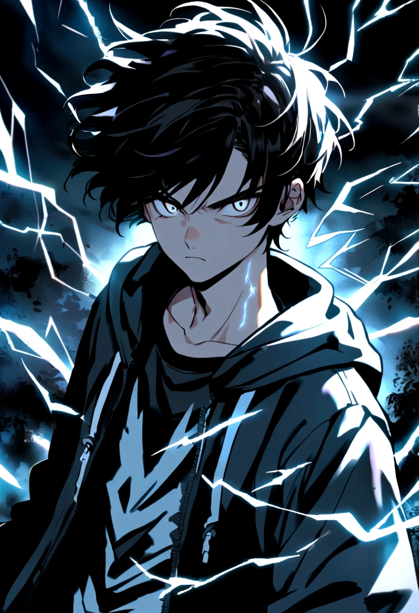 Man 17 years old Long black hair black and white sweatshirt with electricity on his body