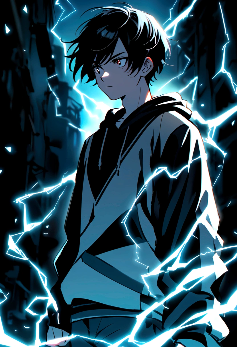Man Long black hair black and white sweatshirt with electricity on his body
