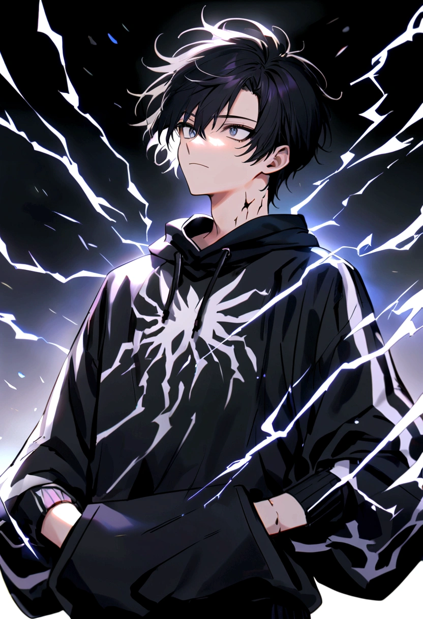 Man 17 years old Long black hair black and white sweatshirt with electricity on his body