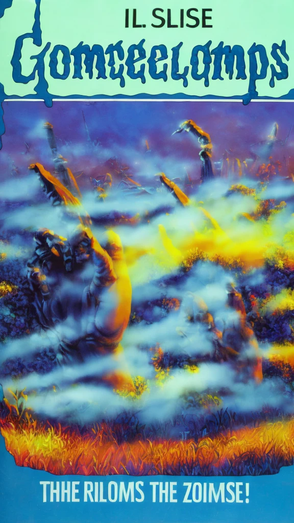 A Close Up shot Of A Zombie’s hand coming out of the ground,foggy,((goosebumps art by tim jacobus))),book titled “revenge of the graveyard ghouls”