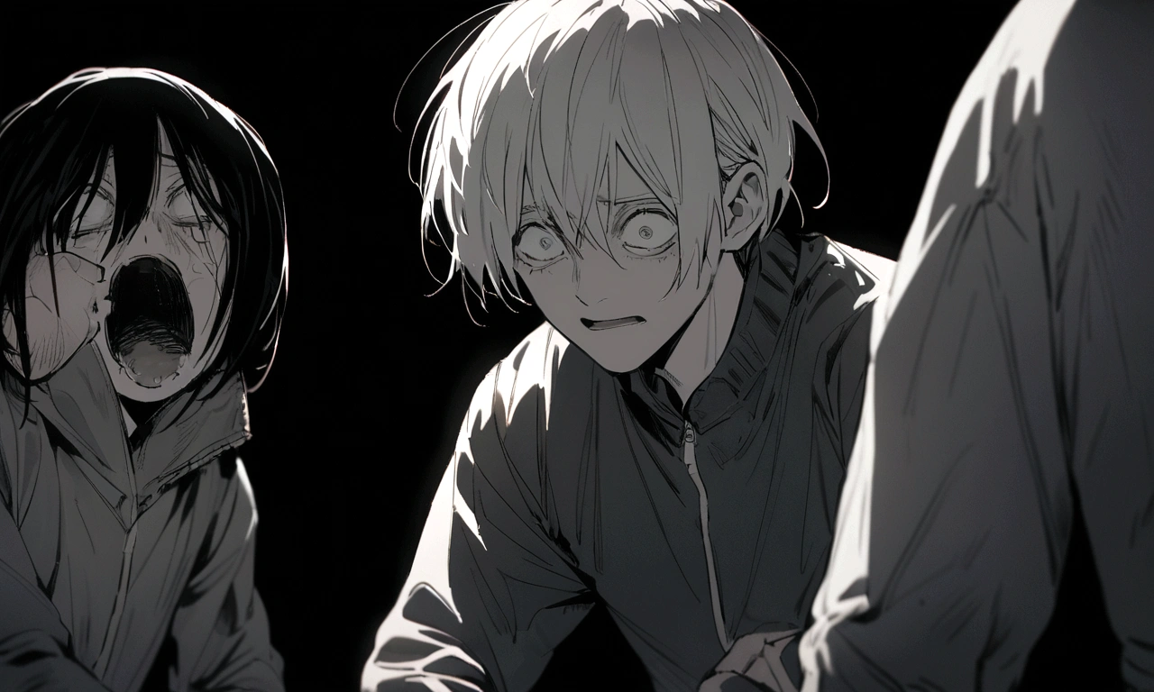 black and white drawing, black background, human, 26 year old male, black neat hair, a lonely face, wearing gray tracksuit, squat down, raise one's eyes, scream, shout, nier.