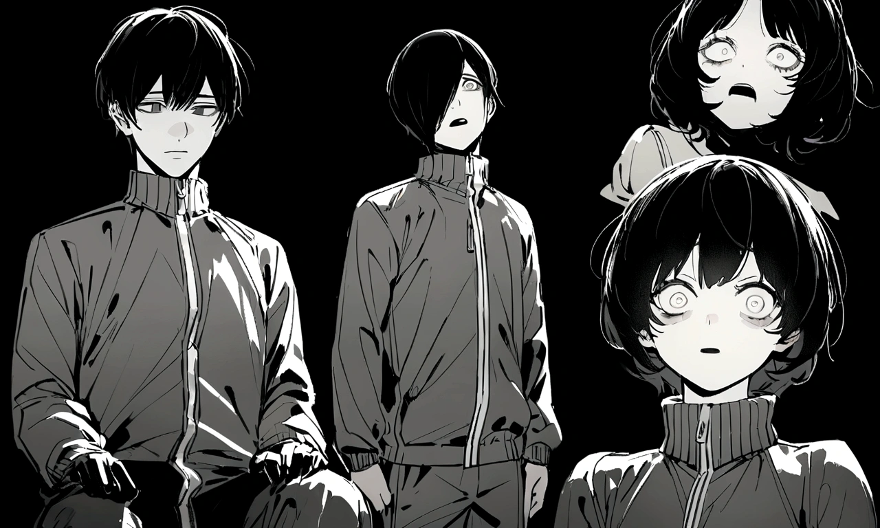 black and white drawing, black background, human, 26 year old male, black neat hair, a lonely face, wearing gray tracksuit, squat down, raise one's eyes, scream, shout, nier.
