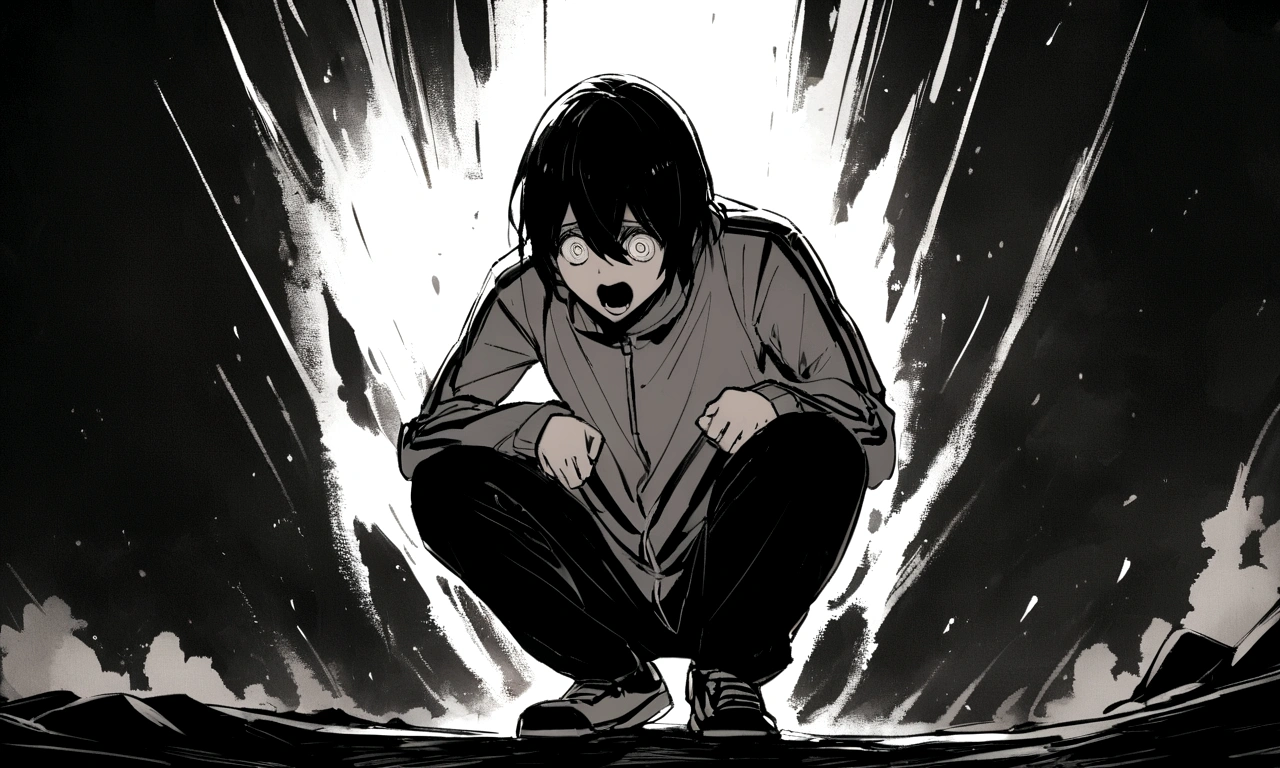 black and white drawing, black background, human, 26 year old male, black neat hair, a lonely face, wearing gray tracksuit, squat down, raise one&#39;s eyes, scream, shout, nier.