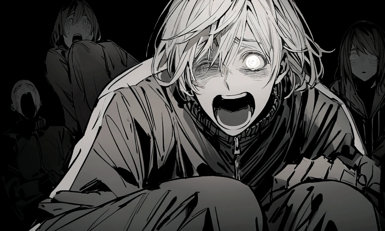 black and white drawing, black background, human, 26 year old male, black neat hair, a lonely face, wearing gray tracksuit, squat down, raise one's eyes, scream, shout, nier.