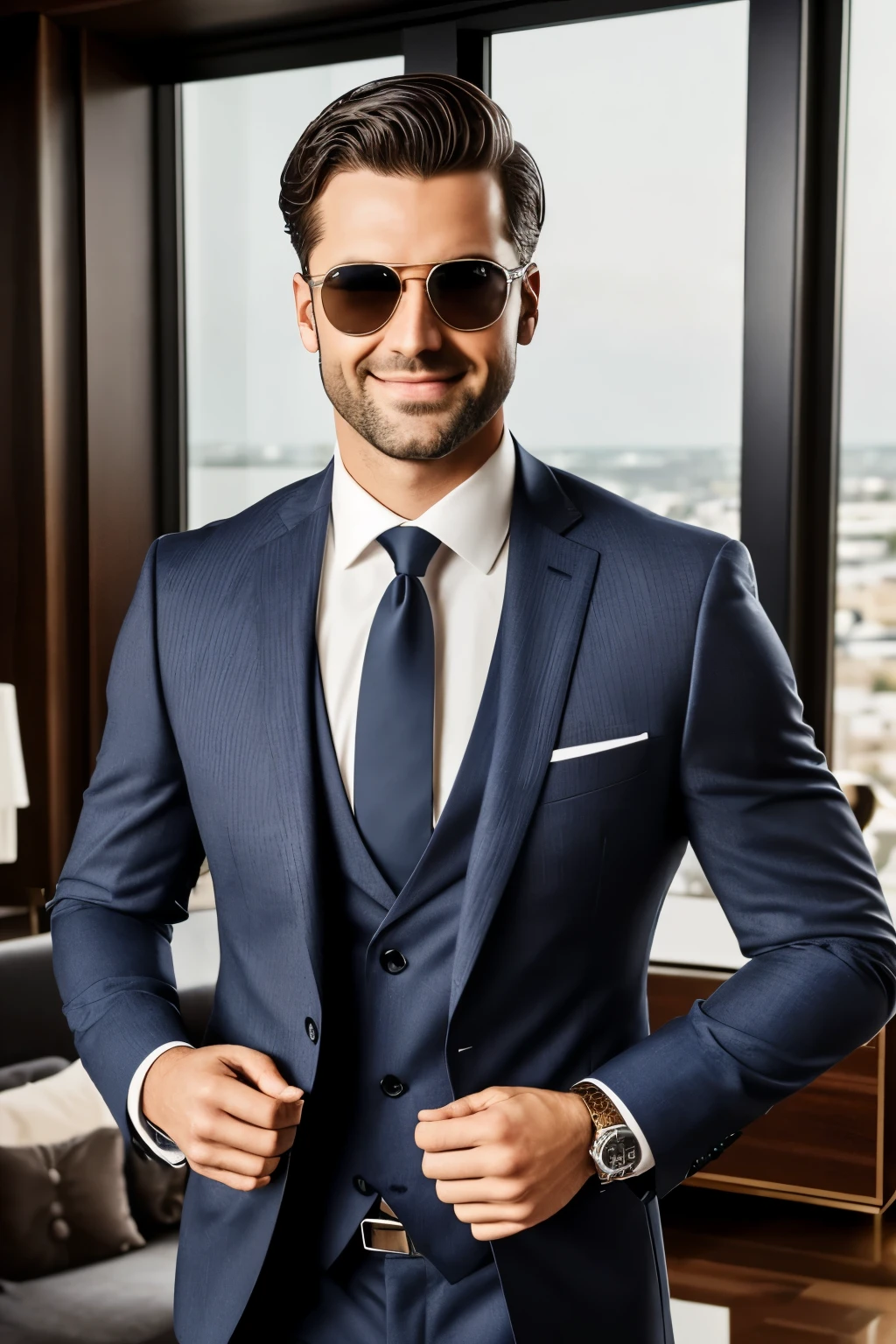 A naughty man, ((Realtor)), ((dressed to impress)), in an elegant navy blue suit with a striped tie in shades of gray. The suit perfectly highlights his dark brown hair, which has a subtle wave to it. His piercing green eyes sparkle with a mix of mischief and professionalism. A confident and welcoming smile plays on his lips, radiating friendliness. In one hand, he holds a well-worn brown leather briefcase, while the other cradles a set of keys. The background of the image showcases a modern, impeccably decorated living room, with large windows that let in an abundance of natural light, casting subtle shadows and reflections across