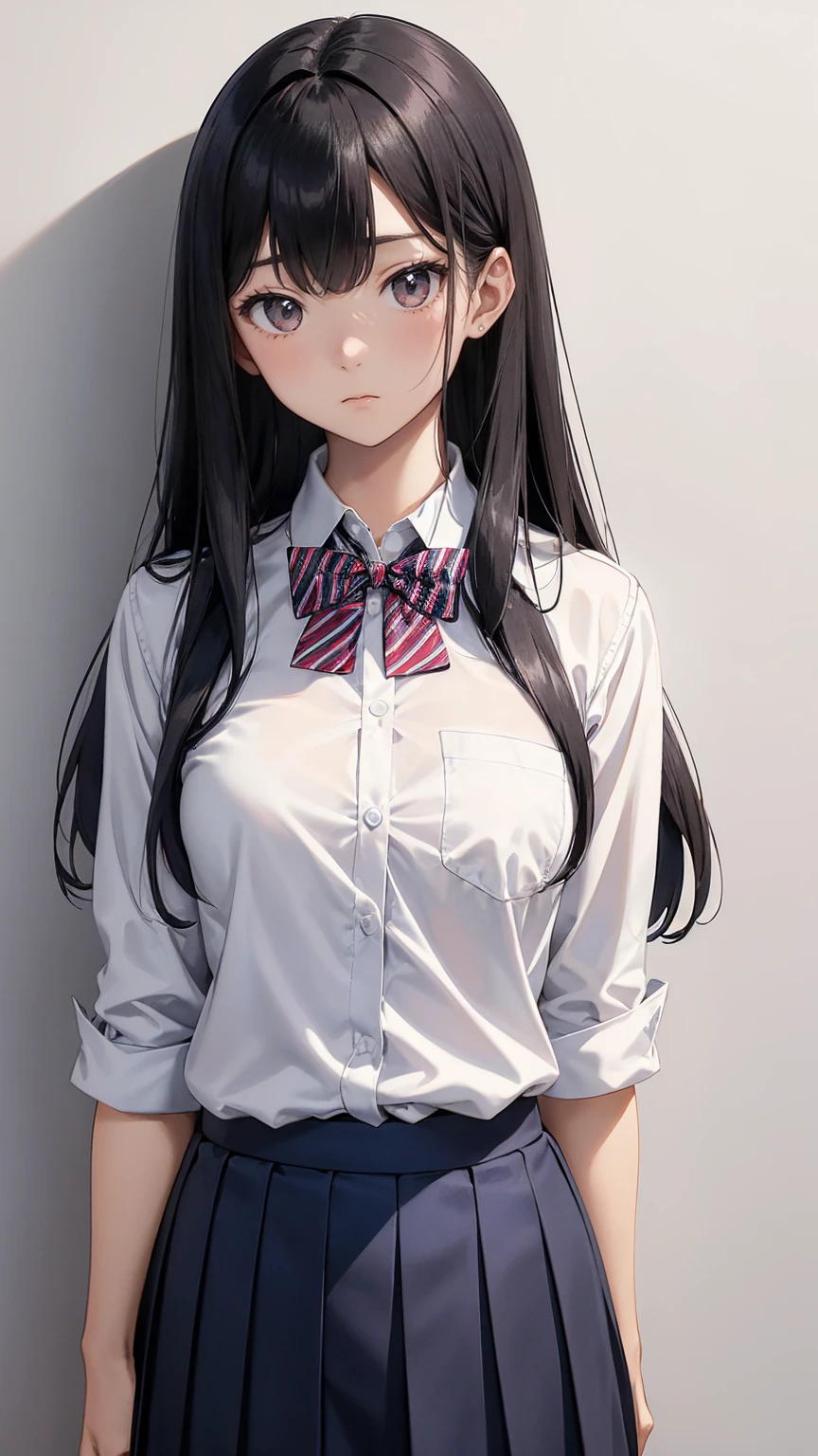 A young Japanese high school girl with long straight black hair and bangs. She is wearing a white shirt with a red and blue striped bow tie and blazer. The background is simple and plain. The style is realistic with attention to detail and captures her calm and serious expression.