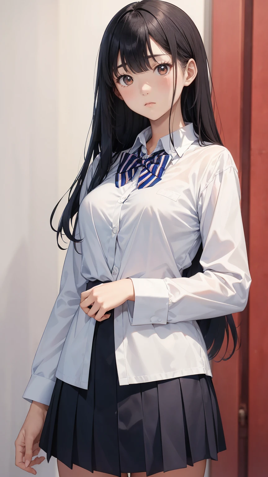 A young Japanese high school girl with long straight black hair and bangs. She is wearing a white shirt with a red and blue striped bow tie and blazer. The background is simple and plain. The style is realistic with attention to detail and captures her calm and serious expression.