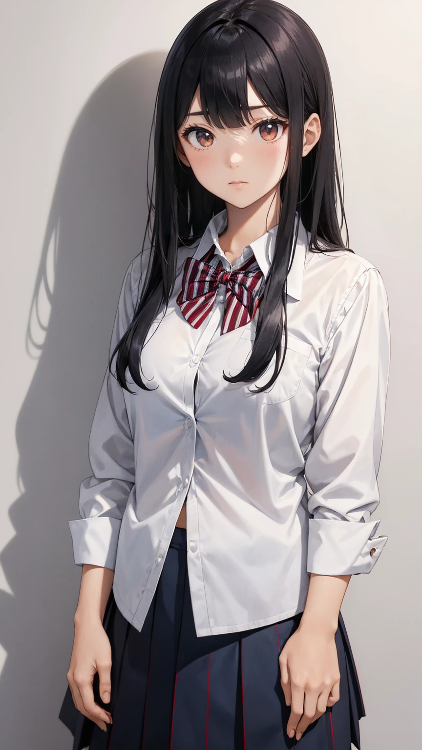 A young Japanese high school girl with long straight black hair and bangs. She is wearing a white shirt with a red and blue striped bow tie and blazer. The background is simple and plain. The style is realistic with attention to detail and captures her calm and serious expression.