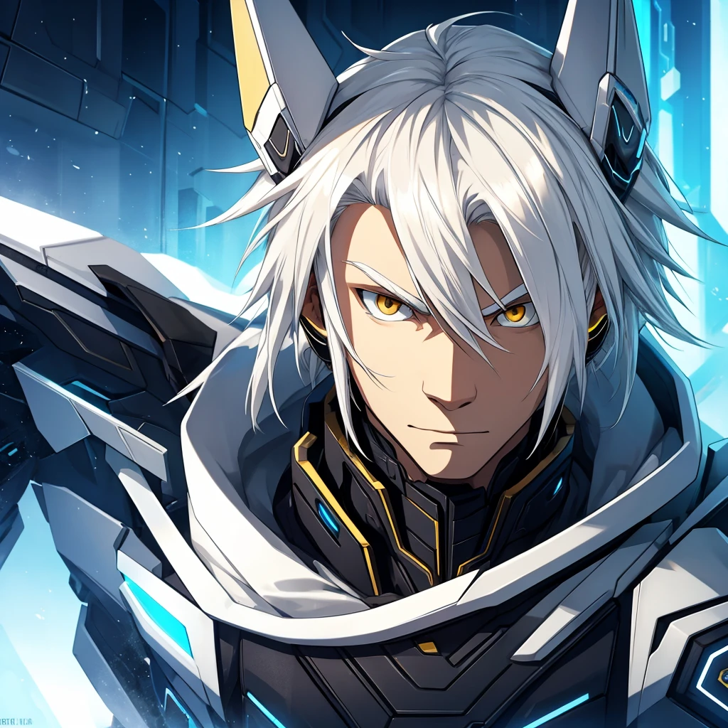 male character. naughty man. white hair. golden colored eyes. black clothing. Futuristic Setting. cold and cautious face