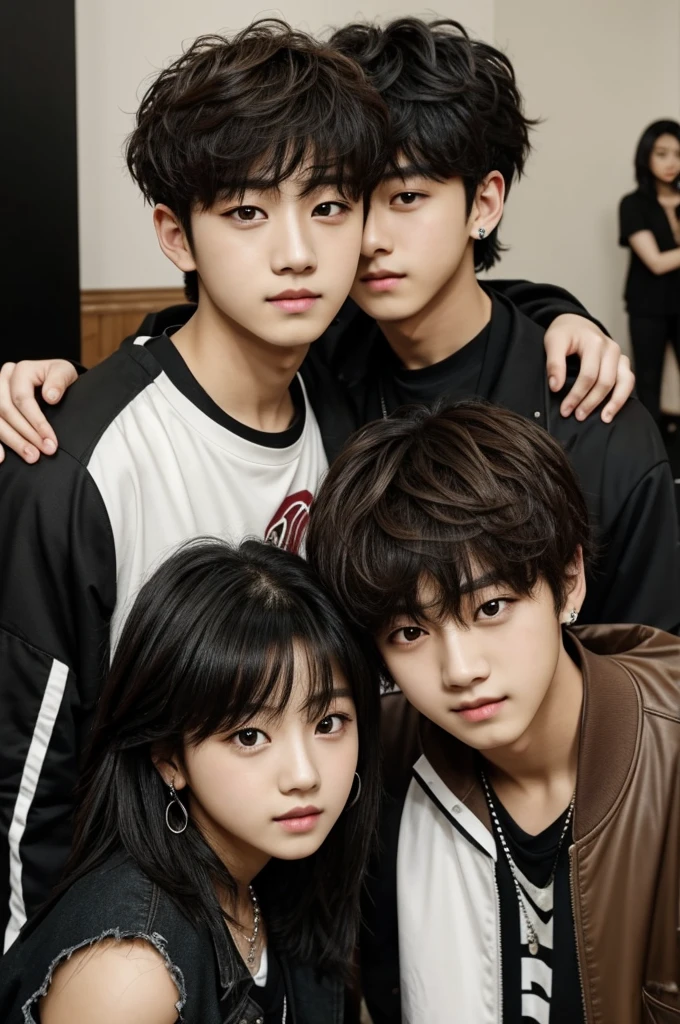 haz a Bangchan de Stray Kids , next to a brunette girl, short black hair, And brown eyes.